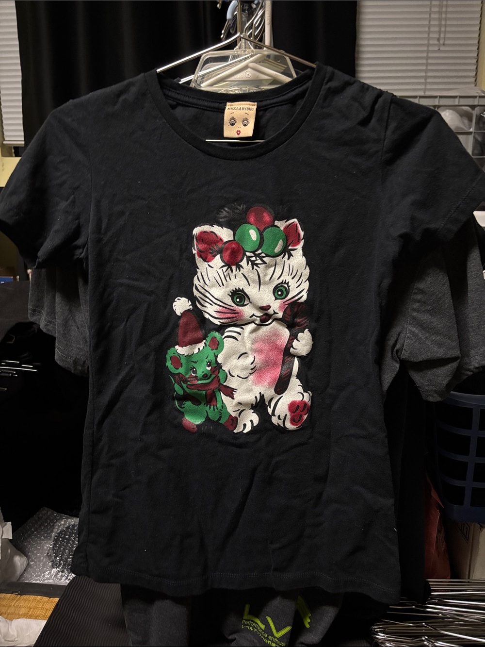Miss Ladybug Black Cat Graphic Tee with Green Accent